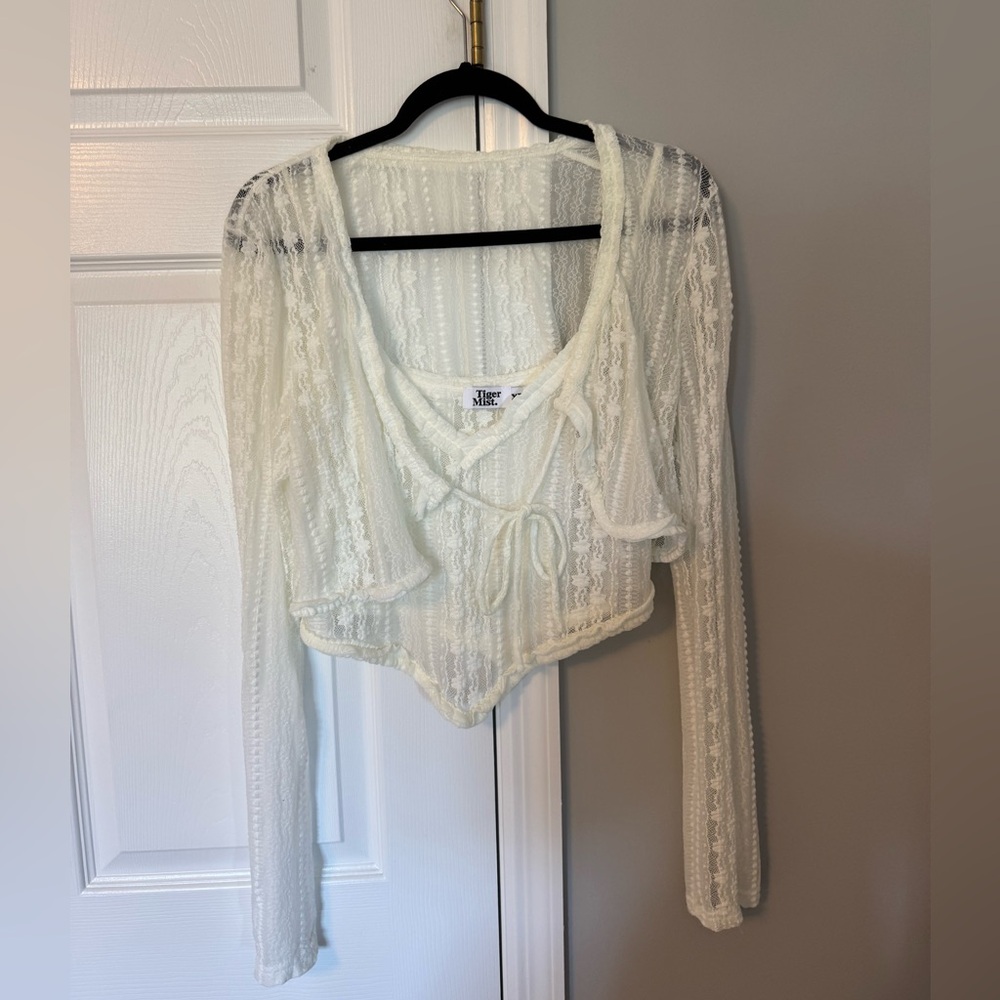 Tiger Mist Ivory Lace Tank & Long Sleeve Tie-Front Top